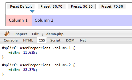 Split-Panel demo, firebug CSS tab screenshot