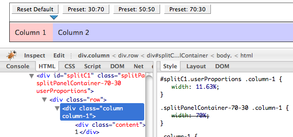 Split-Panel demo, firebug HTML tab screenshot
