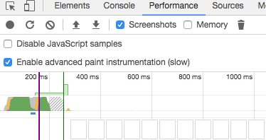 Screenshot checkbox in the DevTools performance panel