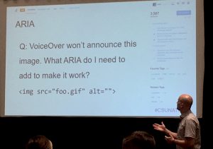 A slide showing code of an image with an empty alt and the question "VoiceOver won't announce this image. What ARIA do I need to make it work?"