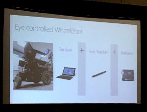 Slide showing an eye-controlled wheelchair using a Surface tablet, eye tracker, and Arduino